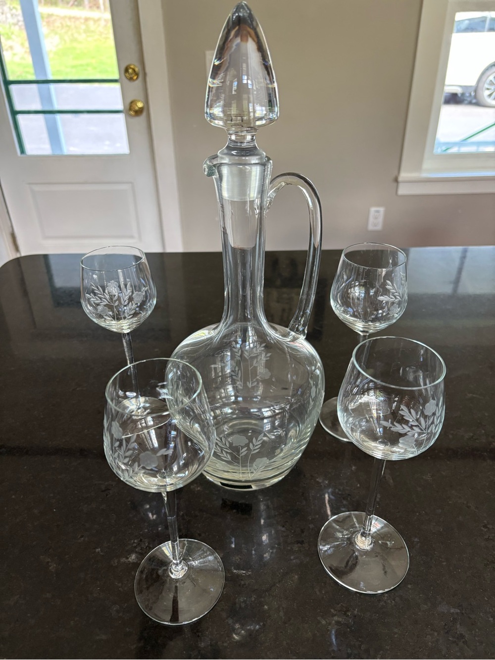 Clear Etched Glass Wine Decanter and Stemware Set